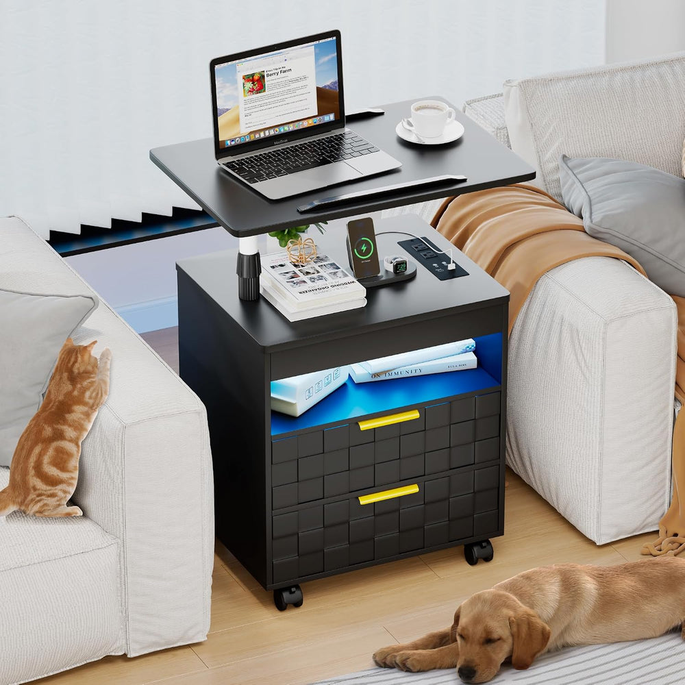 Lareth Rolling Nightstand with Wheels, LED Lights, Charging Station