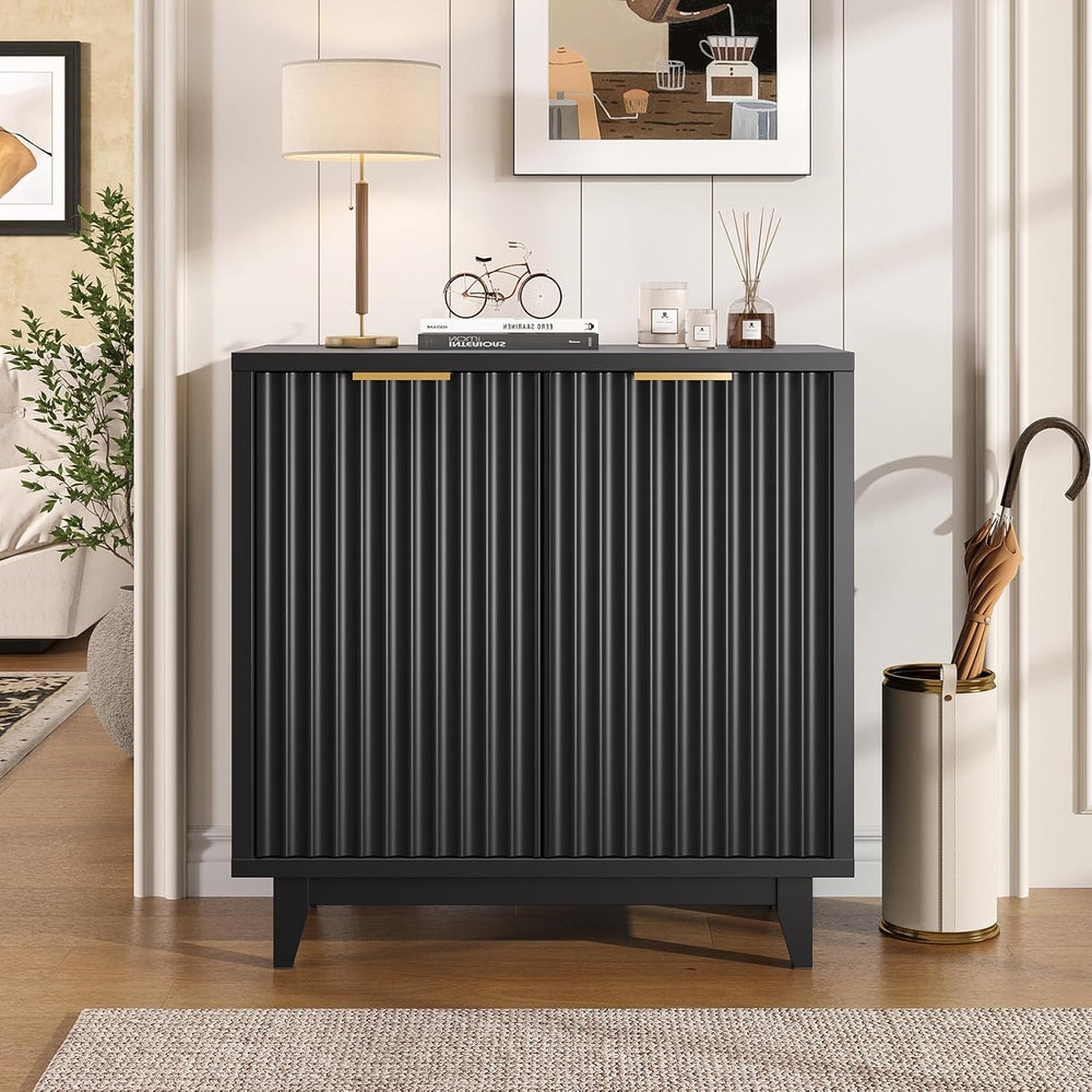 Vabches Modern Fluted Coffee Bar Cabinet with Removable Wine Rack, Black