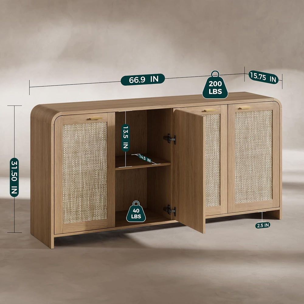 Evermagin 67" Rattan Sideboard Buffet Cabinet with Storage, Natural Oak