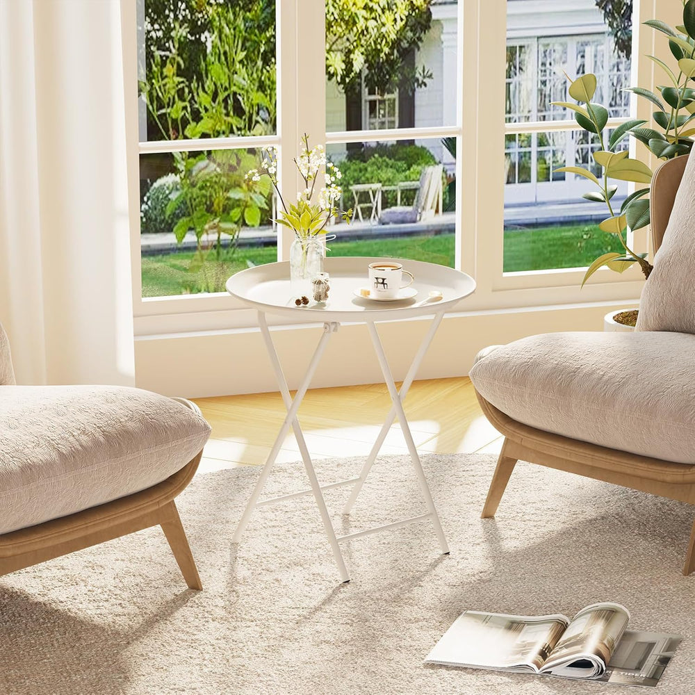 Garden 4 you Folding TV Tray Table, Metal Round Side Table, White Dinner Tabl...