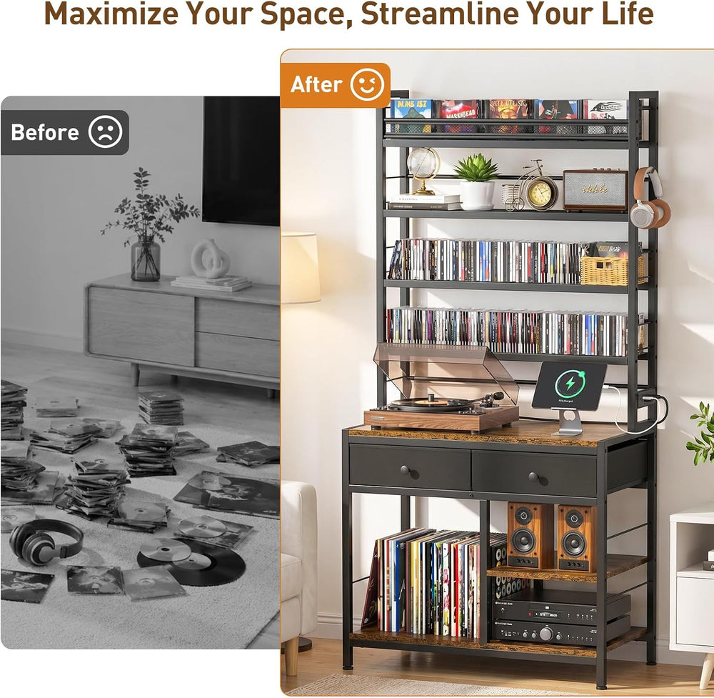 ikkle Tall CD Rack with Power Outlet & Drawers, 8-Tier DVD Storage Shelf