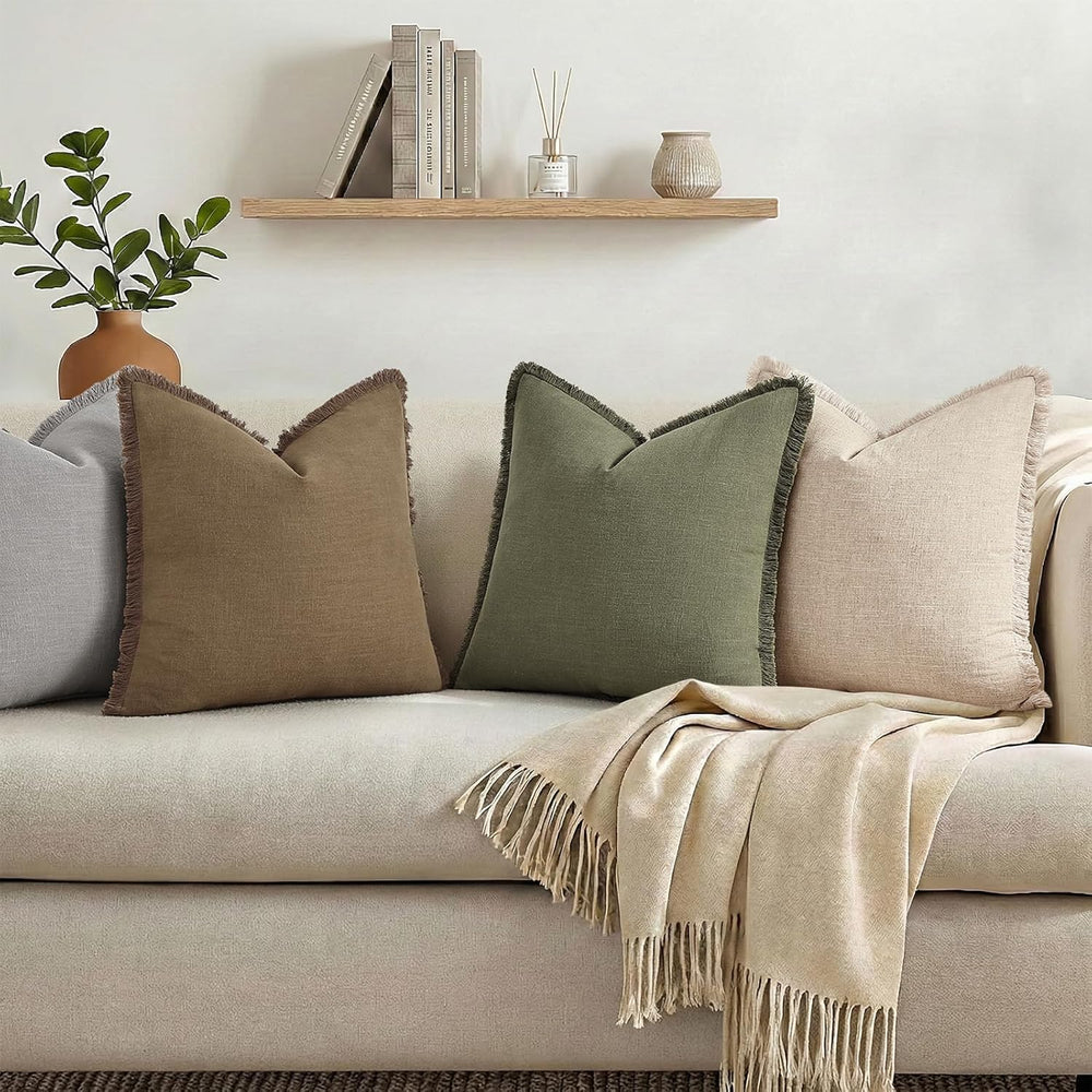decorUhome Linen Fringe Olive Green Throw Pillow Covers 24x24 Set of 2