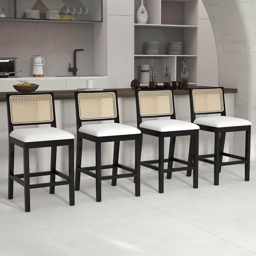 Rattan Bar Stools Set of 4, 26" Counter Height, Durable Black Wood Frame