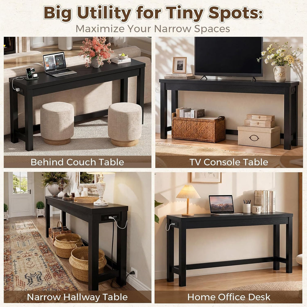 Cyclysio 63" Console Table with 2 AC Outlets & 3 USB Ports, Black