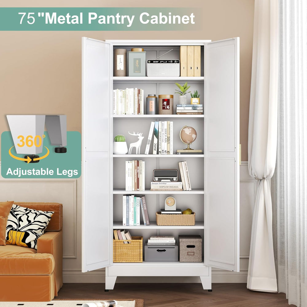 Metal Pantry Cabinet with 2 Doors and 5 Adjustable Shelves, 75"Kitchen S...