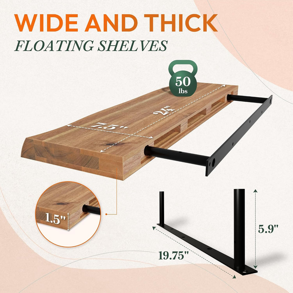 Howizz 24'' Live Edge Floating Shelves for Wall, Acacia Wood Wall Mou...