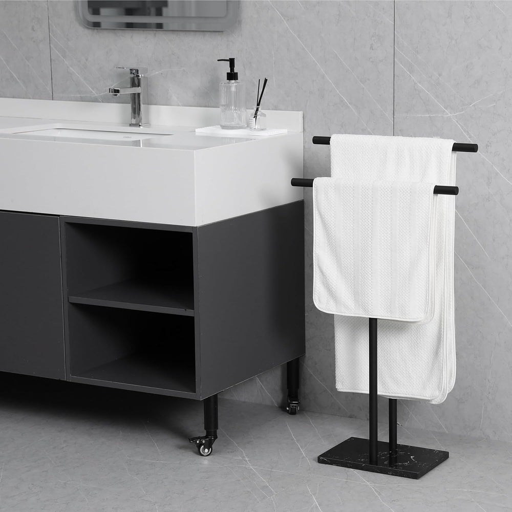 Free Standing Towel Rack - Matte Black Finish with Marble Base