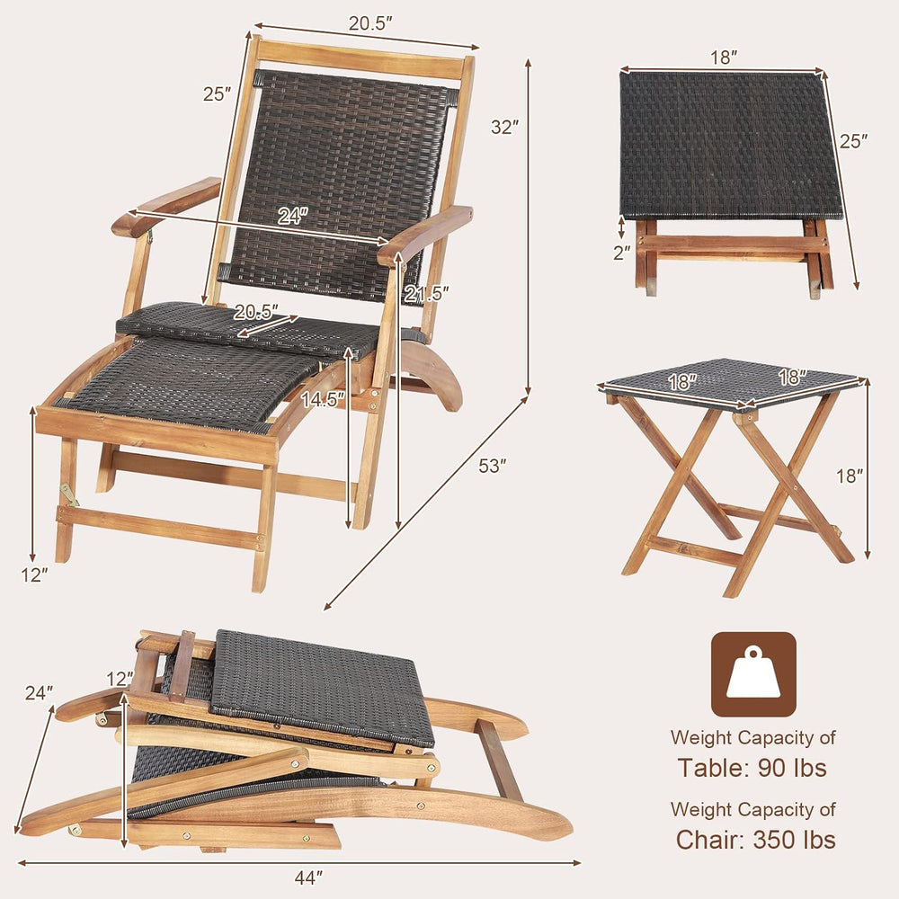 Tangkula Patio Lounge Chair and Side Table Set of 2, Acacia Wood Wicker Foldi...