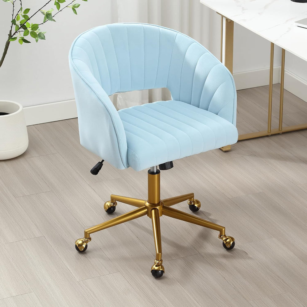 ABET Desk Chair with Wheels, Gold Base, Velvet Accent Vanity Armchair, Blue