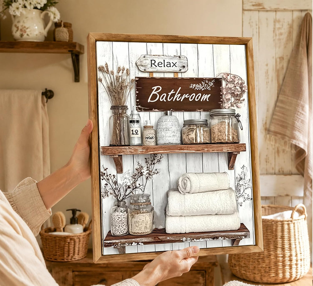 Floating Framed Farmhouse Bathroom Canvas Wall Art, Rustic Country Decor