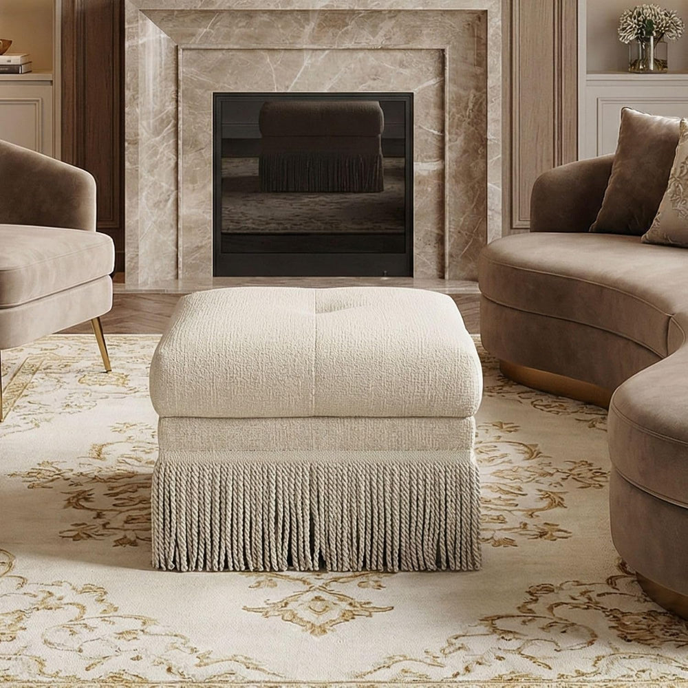 Hyfirm Upholstered Ottoman Footstool with Fringe Skirt, 21.5" Square