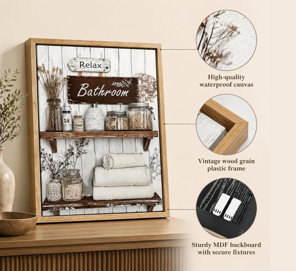 Floating Framed Farmhouse Bathroom Canvas Wall Art, Rustic Country Decor
