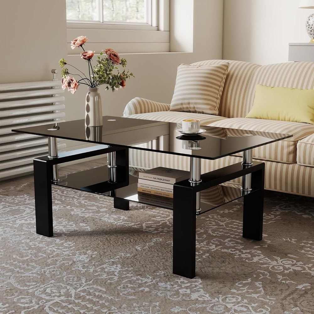 IANIYA Modern Living Room Coffee Table, Glass Center Table, Black