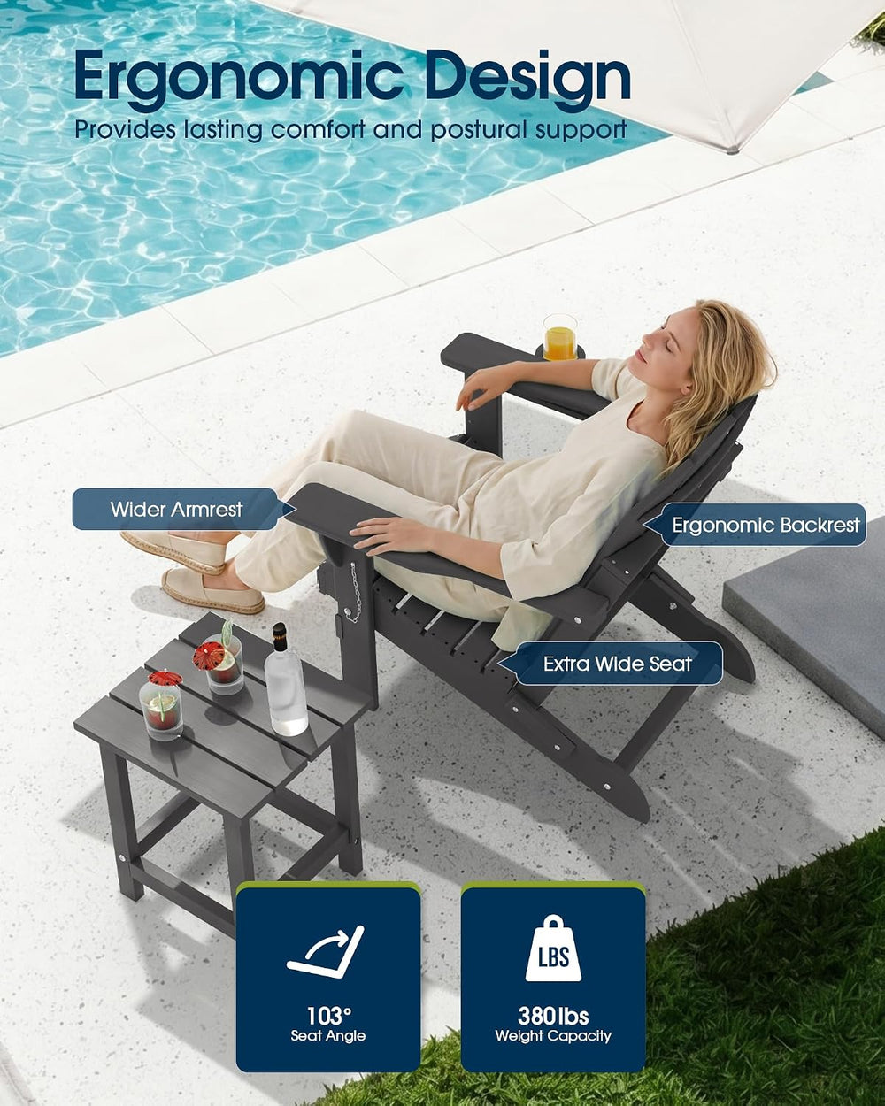 MUCHENGHY Folding Adirondack Chairs Set of 4, HDPE Patio Chair, Grey