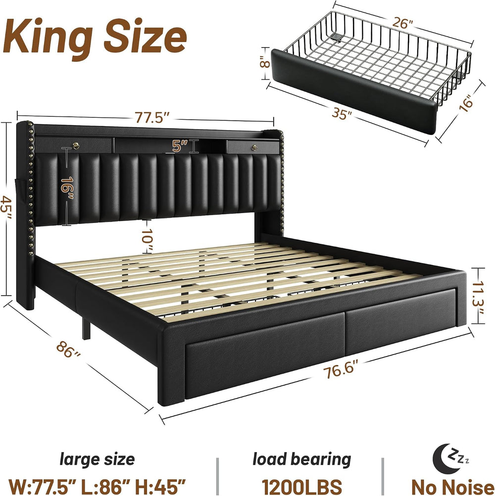 CypBed King Size Bed Frame with Headboard & 4-Storage Drawers, Upholstered