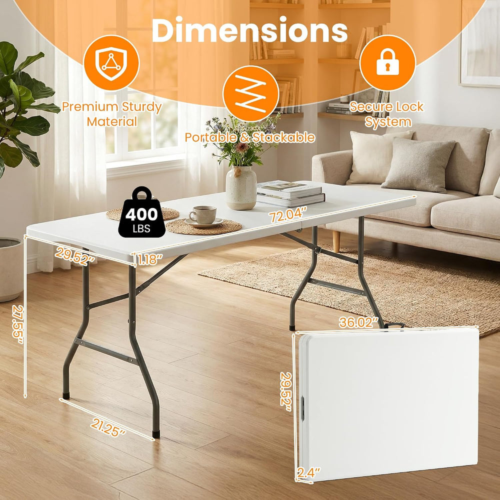 SEALAMB 6FT Portable Plastic Folding Table,Heavy Duty,Fold-in-Half,White