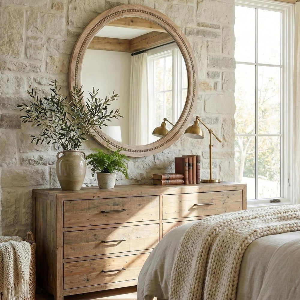 Solid Wood 36 Inch Round Beaded Wall Decor Mirror, Natural Wood