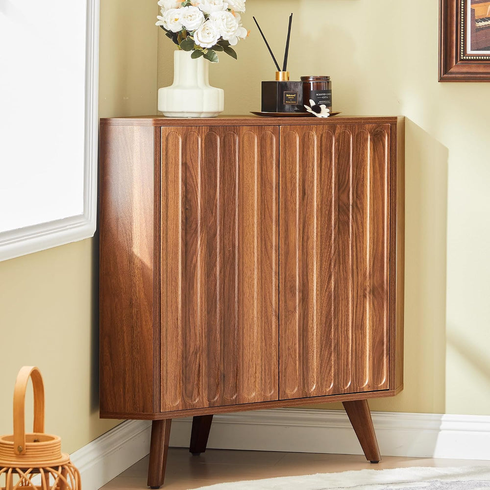 Janmer Home Fluted Corner Storage Cabinet, Small Corner Shelf, Walnut