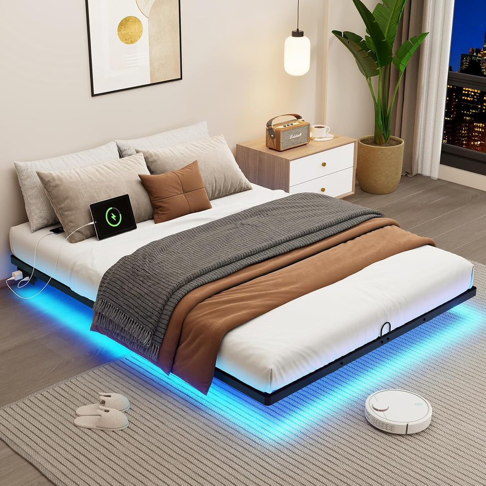 King Size Floating Metal Bed Frame with Smart LED Lights & Charging Stati...