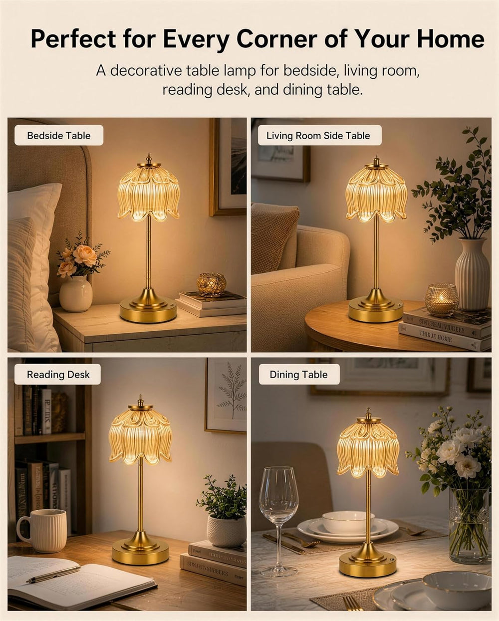Lotus Flower Cordless Rechargeable Table Lamp, 3 Color Modes, Touch Control