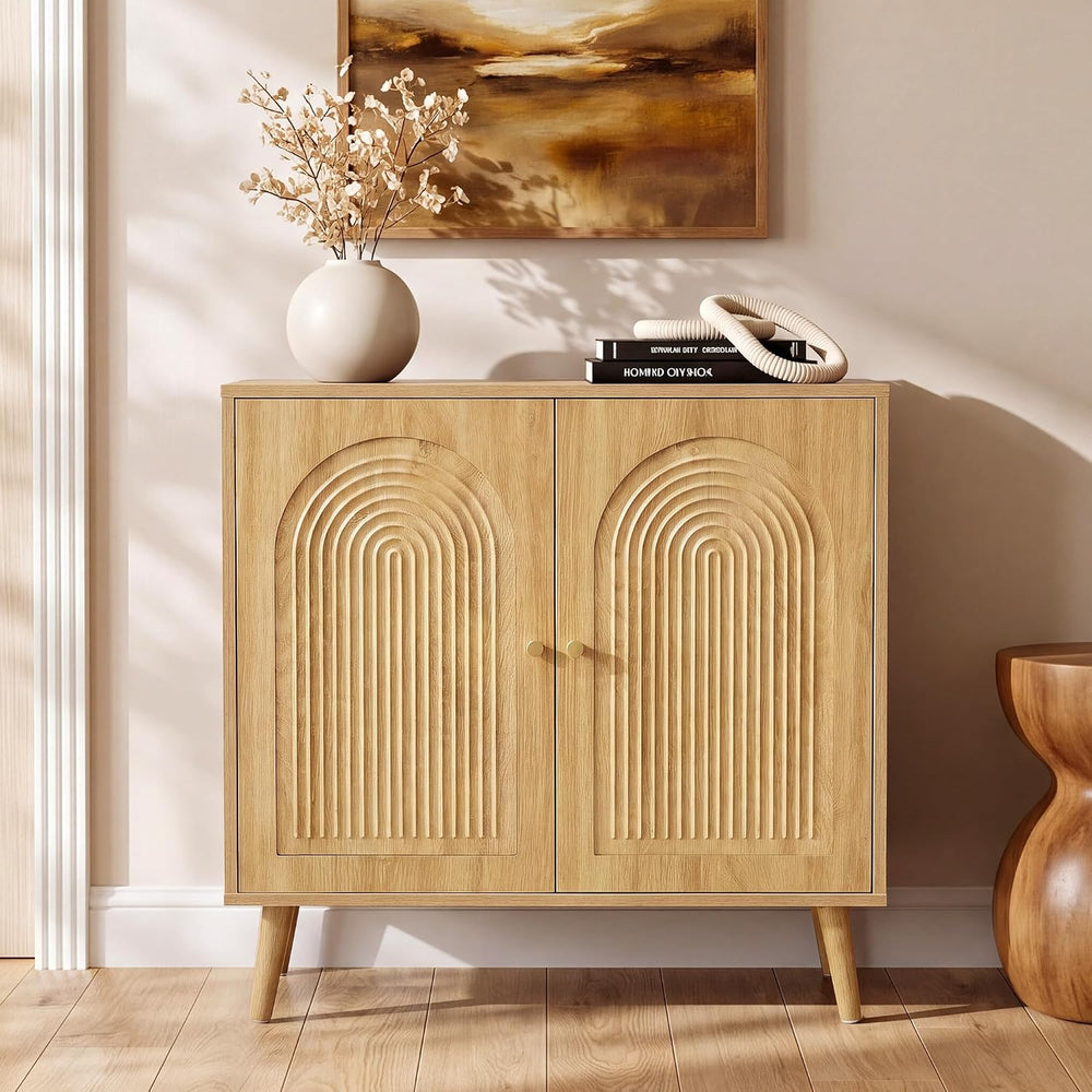 31.5" Accent Cabinet Set of 2, Arched Fluted Storage Cabinet (Natural)