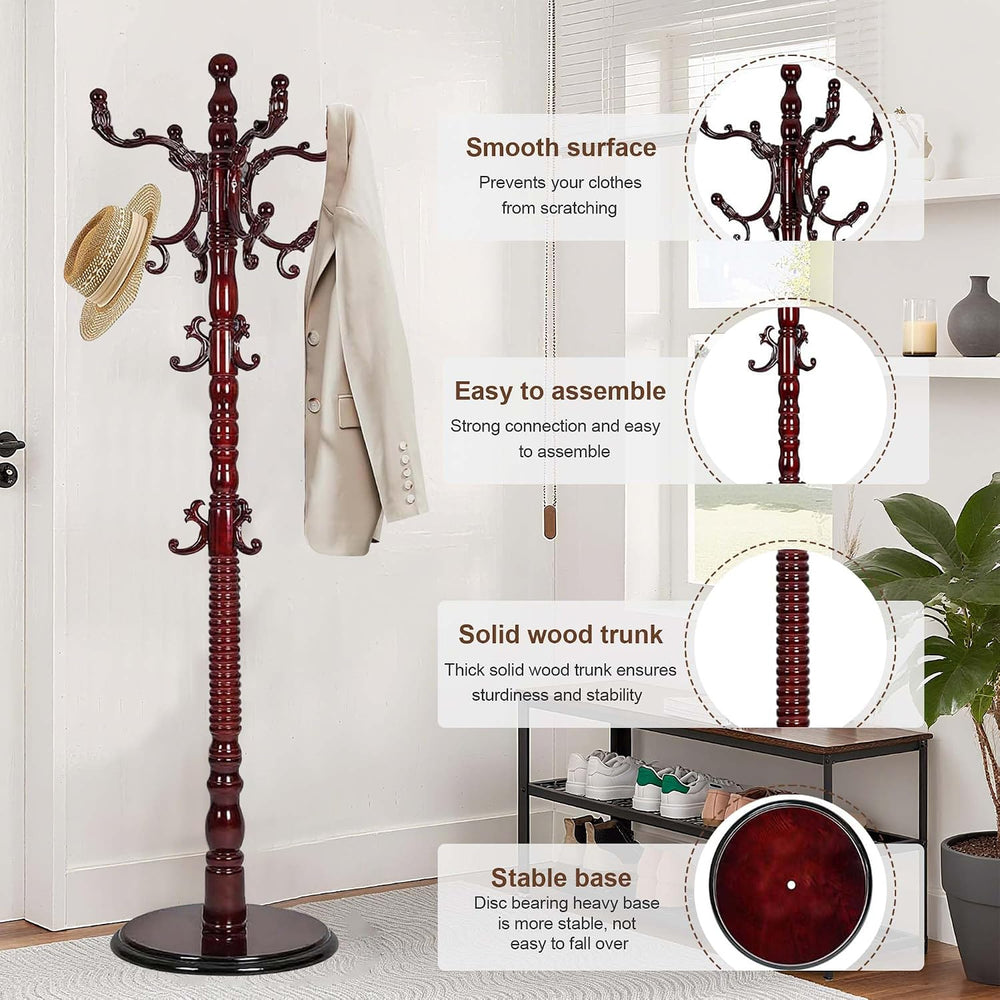 Wooden Coat Rack Freestanding Heavy Duty with 18 Hooks, Mahogany