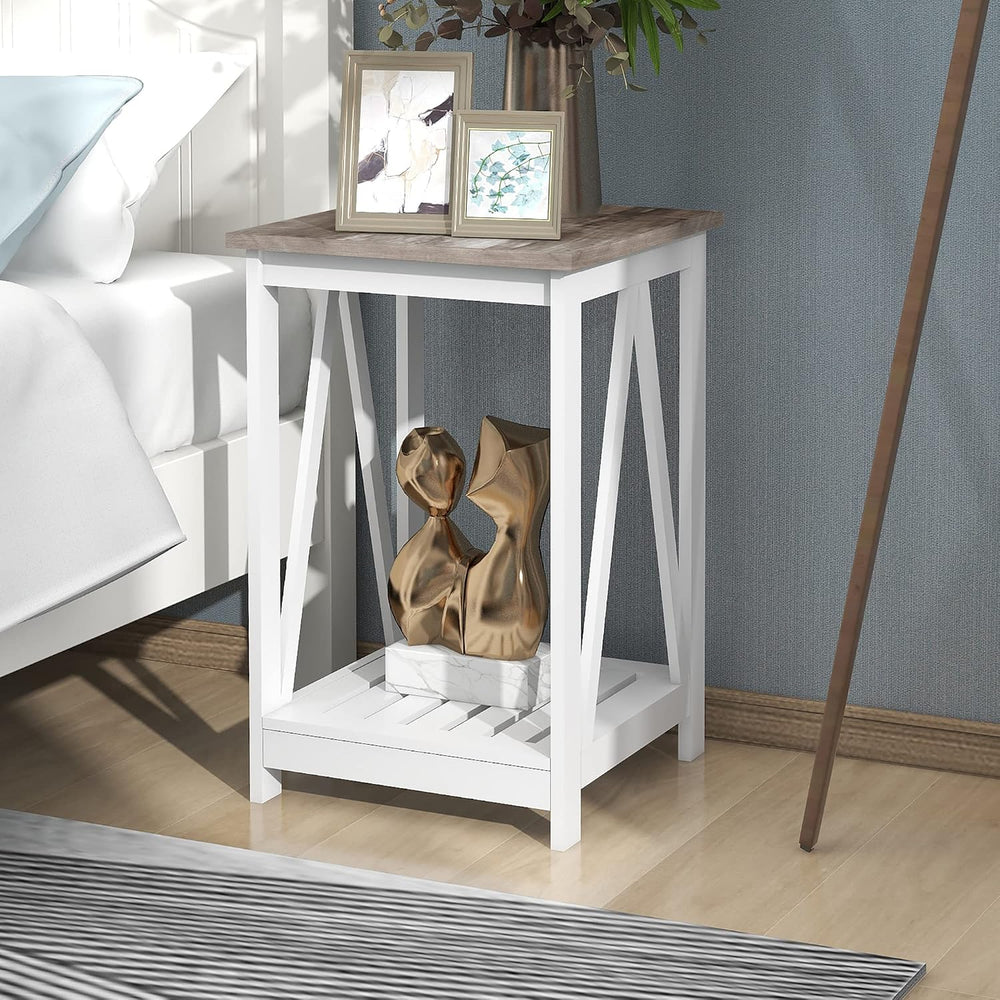 End Table, Farmhouse Square Side Table with Slat Shelf, 15.7" Oak White