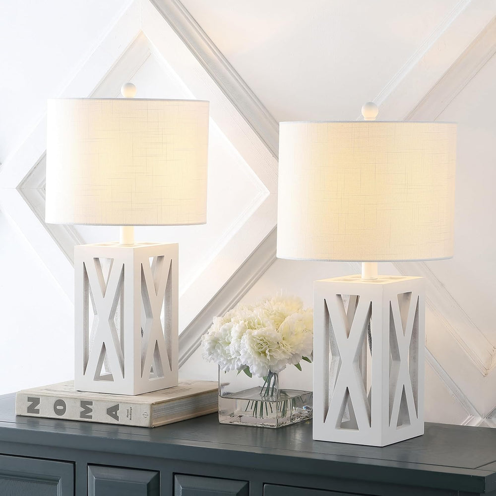 JONATHAN Y Stewart Rustic Wood Bedside Table Lamp 21.5", White, Set of 2