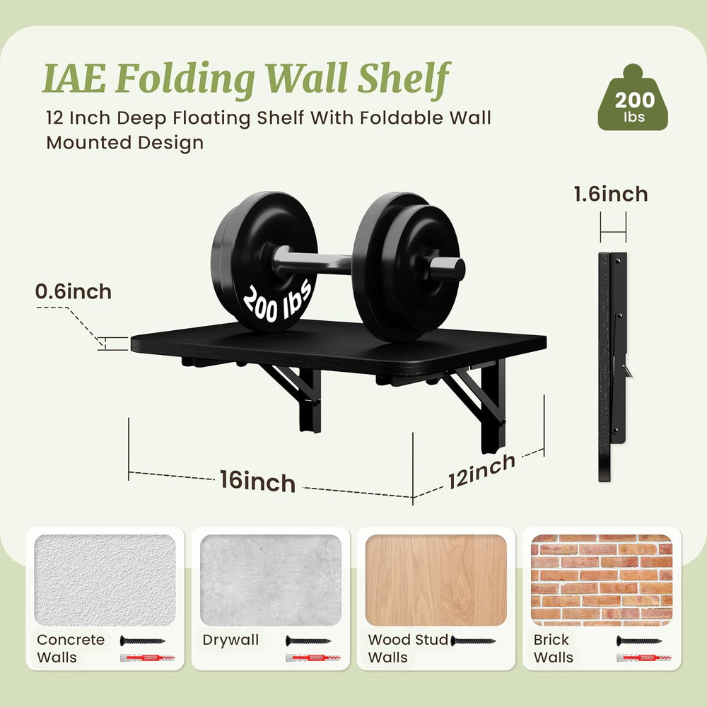 IAE 16 Inch Fold Black Floating Wall Shelves,12 Inch Deep Wood Wall Shelf