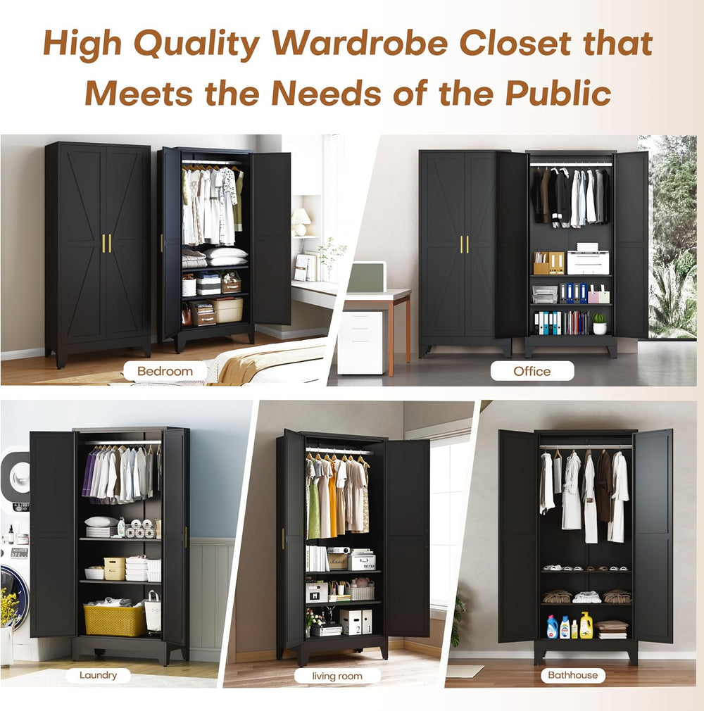 71" Metal Wardrobe Closet Clothing Storage Cabinet with Hanging Rod