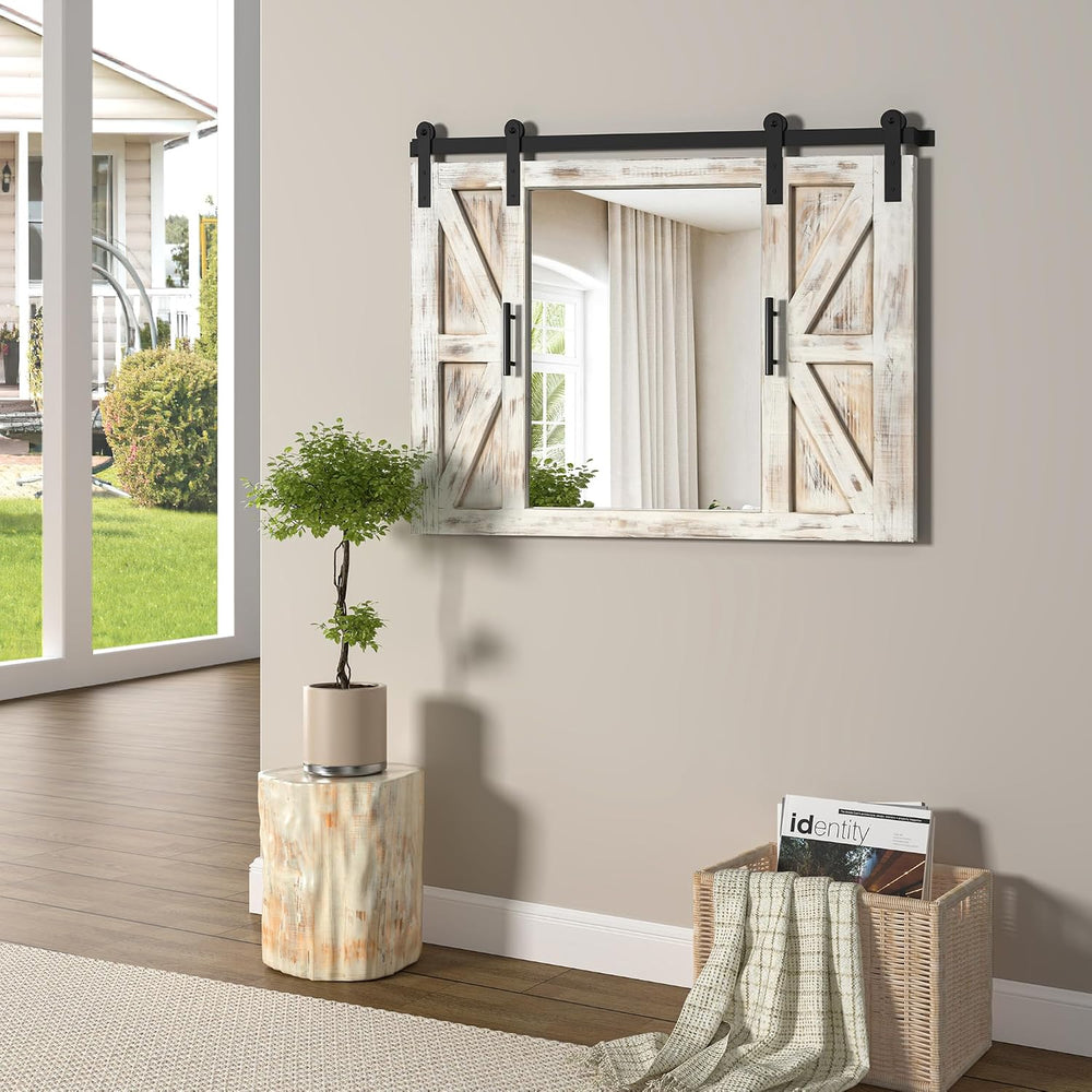 COGOOD Farmhouse Barn Door Mirror - 37" x 26" Wall Mirror Rustic White