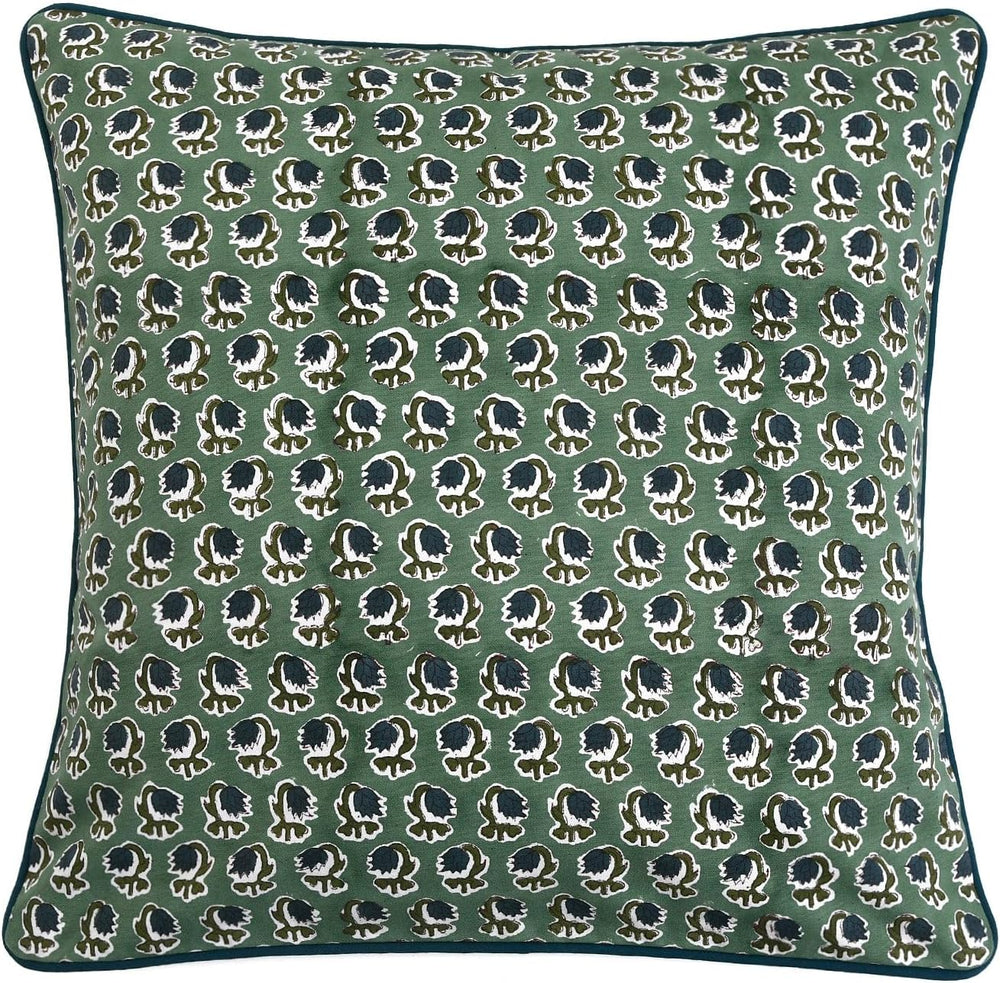 Ridhi Basil Green Hand Block Print Cotton Pillow Cover 18x18 Inch Set of 2