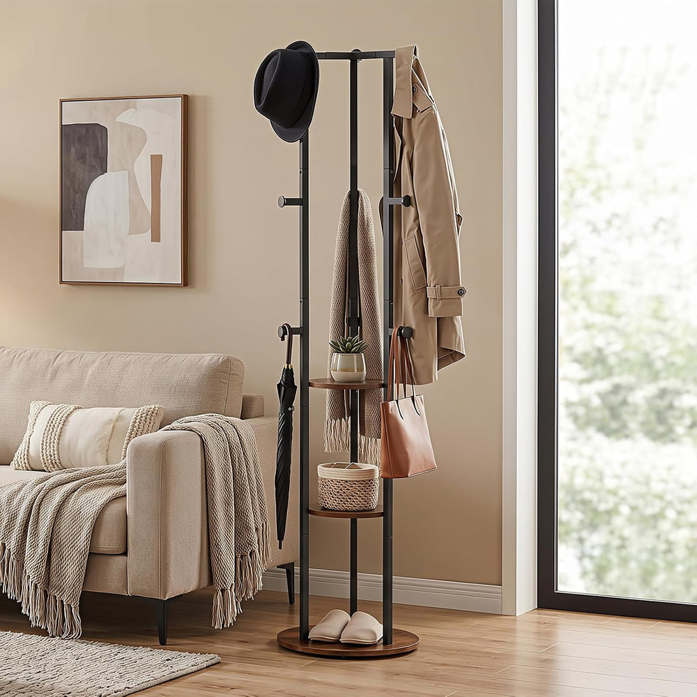 HOOBRO Coat Rack Freestanding, Coat Tree with 9 Hooks and 3 Storage Shelves