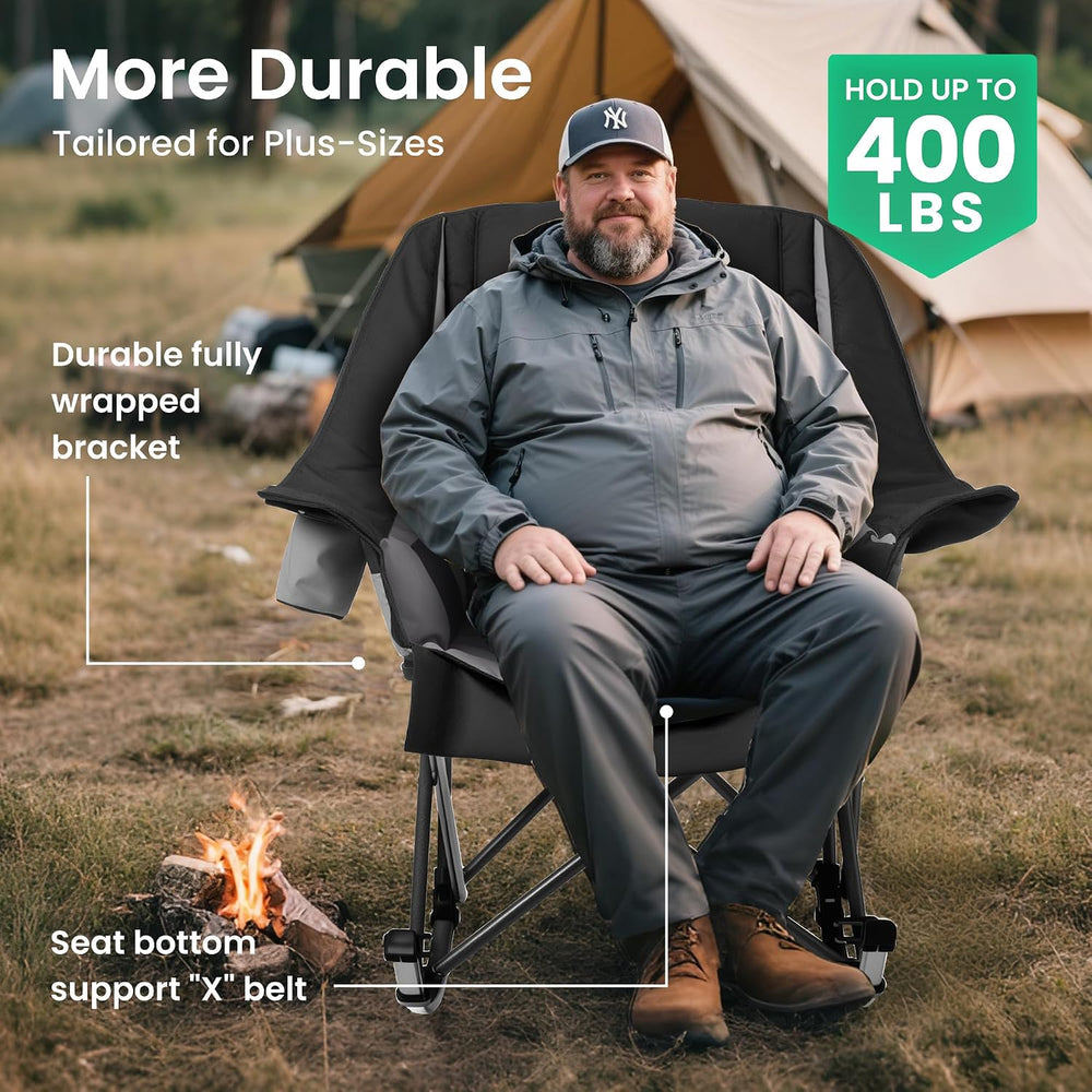 SUNW Oversized 400lbs Foldable Rocking Camping Chair with Cup Holder Side Poc...