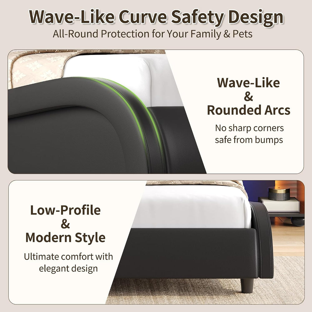 Keyluv Queen LED Upholstered Bed Frame with Adjustable Headboard, Black