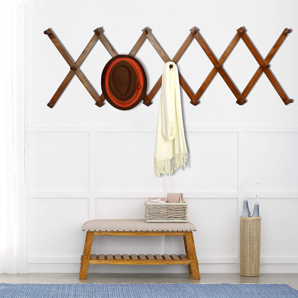 Dseap Accordian Wall Hanger: 16” High Wooden Wall Expandable Coat Rack, Hat R...