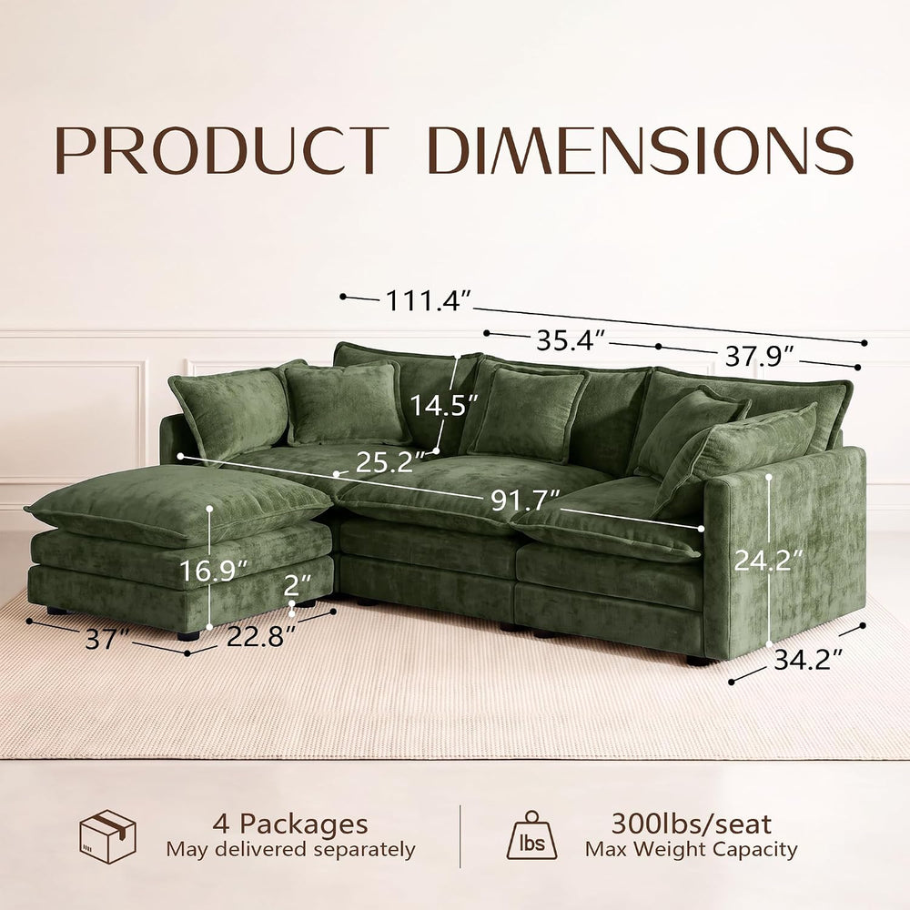 103.8" Chenille Modular Sofa with Ottoman, Cloud Couch with Pillow,Green