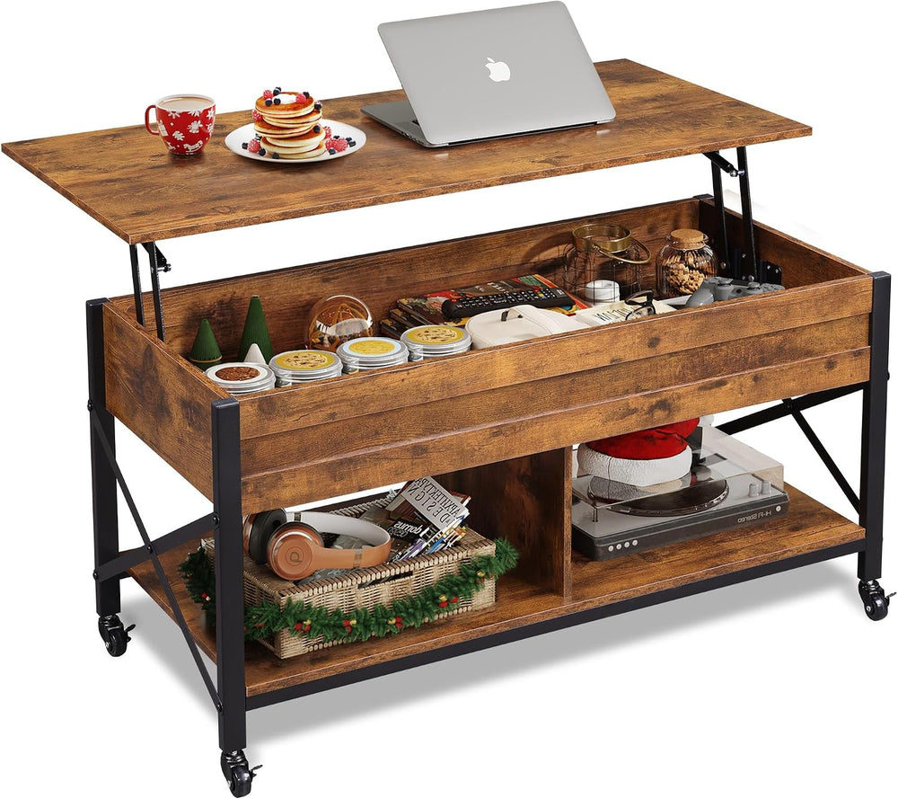 WLIVE Coffee Table Rustic Brown, 41.3" Lift Top Coffee Table with 4 Wheels