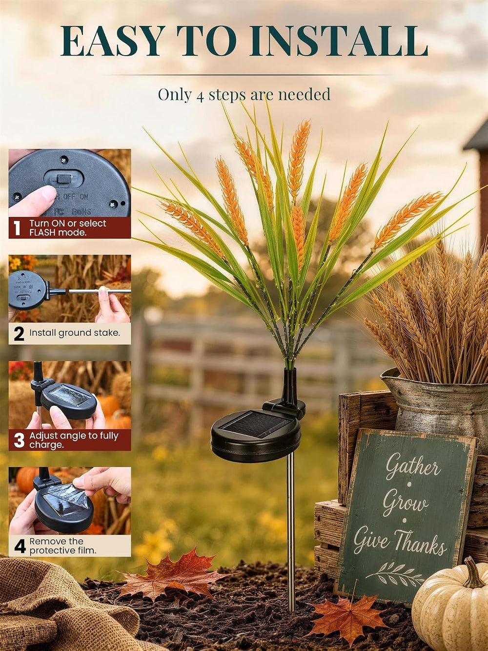 GIGALUMI Solar Wheat Outdoor Fall Thanksgiving Decor, 4 Pack, Yellow