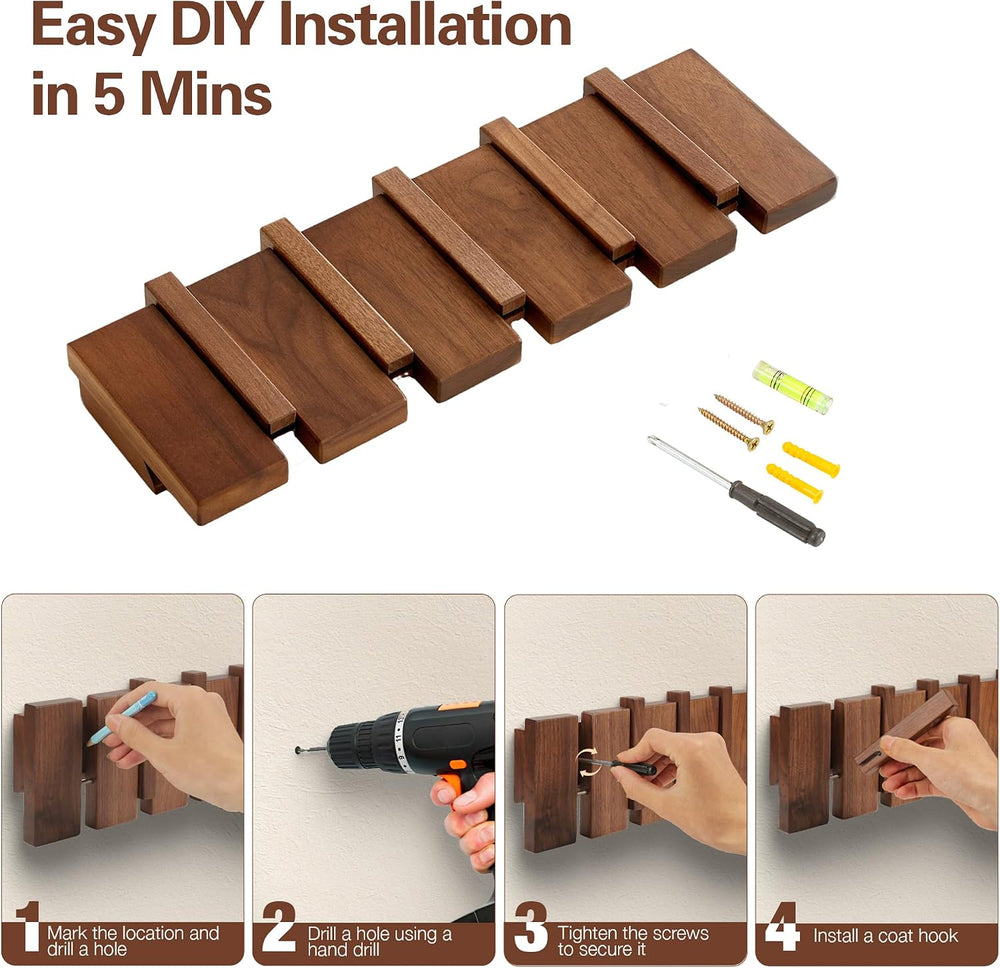 Coat Rack Wall Mount, Walnut 5 Flip-Down Picket Hanger Hooks for Entryway