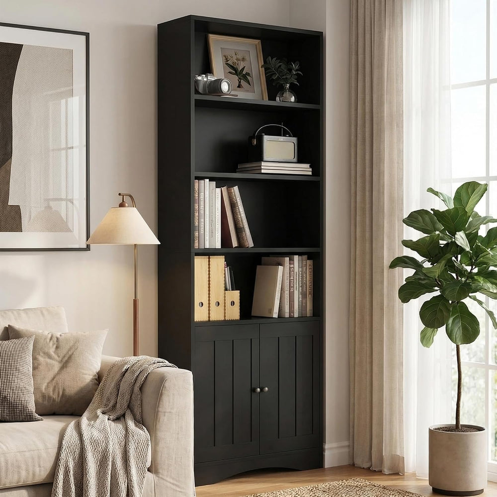 Gizoon 71’’H 6-Shelf Bookcase with Doors, Black Bookcase and Bookshelves