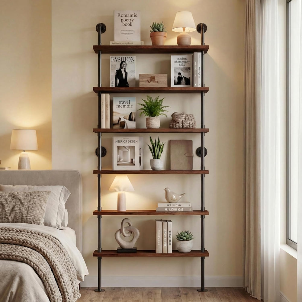 Industrial Pipe Bookshelf, Wall Mounted Shelf, 36 Inch, Walnut Brown