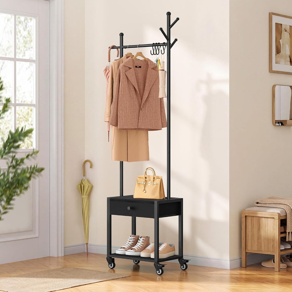 Tajsoon Coat Rack Stand with Lockable Wheel, Wooden Coat Stand with Drawer