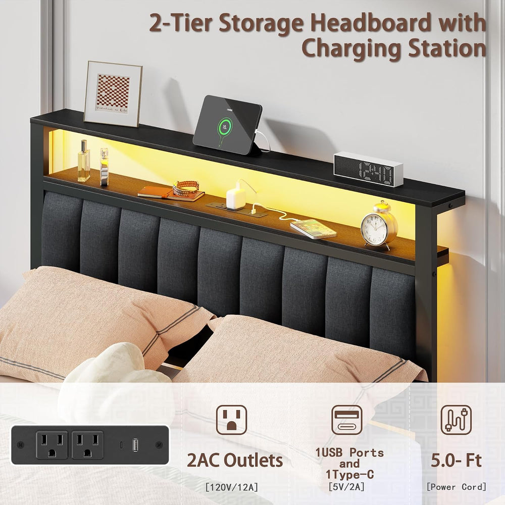 Furnulem Full Size Bed Frame with Storage Drawers and Upholstered Headboard