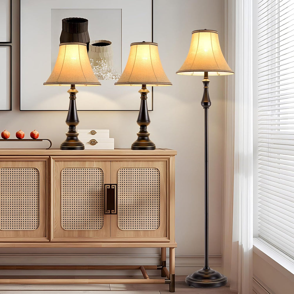 Vintage 3-Piece Table and Floor Lamp Sets with Brown Fabric Shades