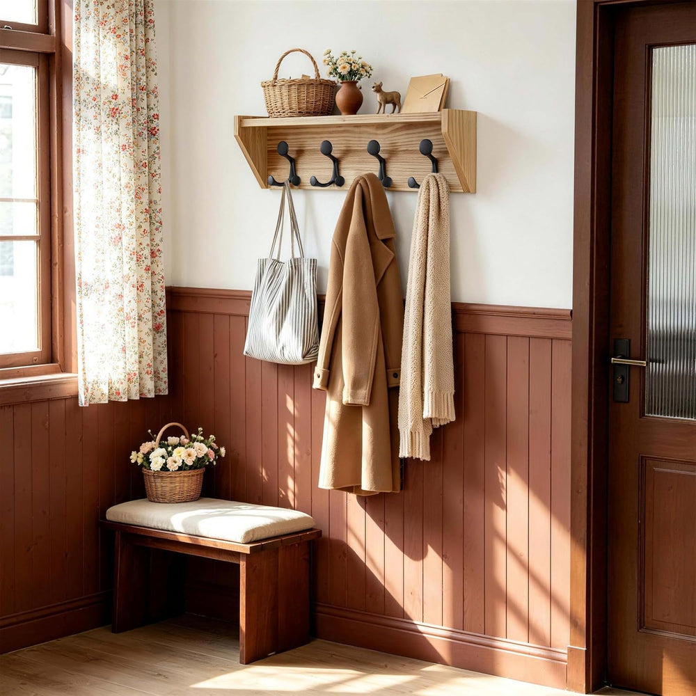 SKOLOO Wall Shelf with Hooks, 24-Inch Coat Rack Wall Mount with Shelf Organiz...