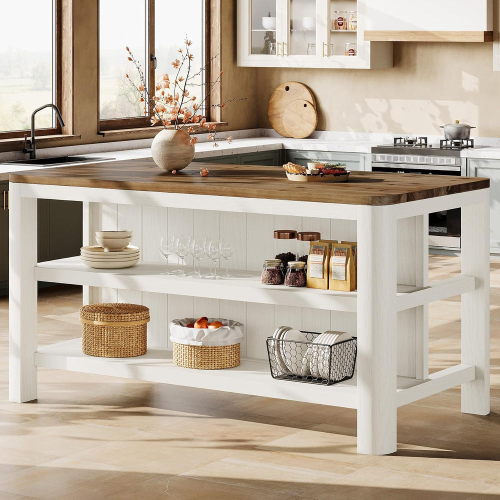 63" Solid Wood Kitchen Island with Storage Shelves, White & Brown