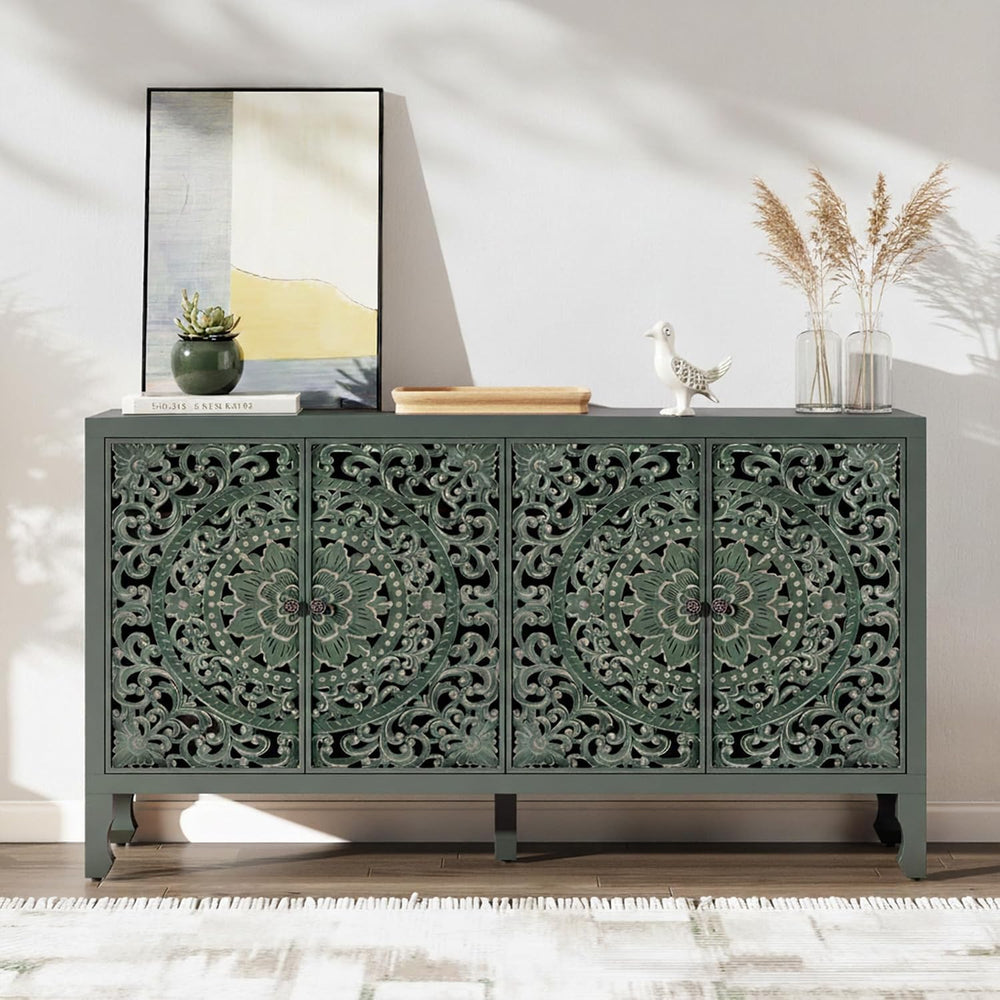 Buffet Cabinet with Storage, 4 Carved Doors Accent Cabinet, Green
