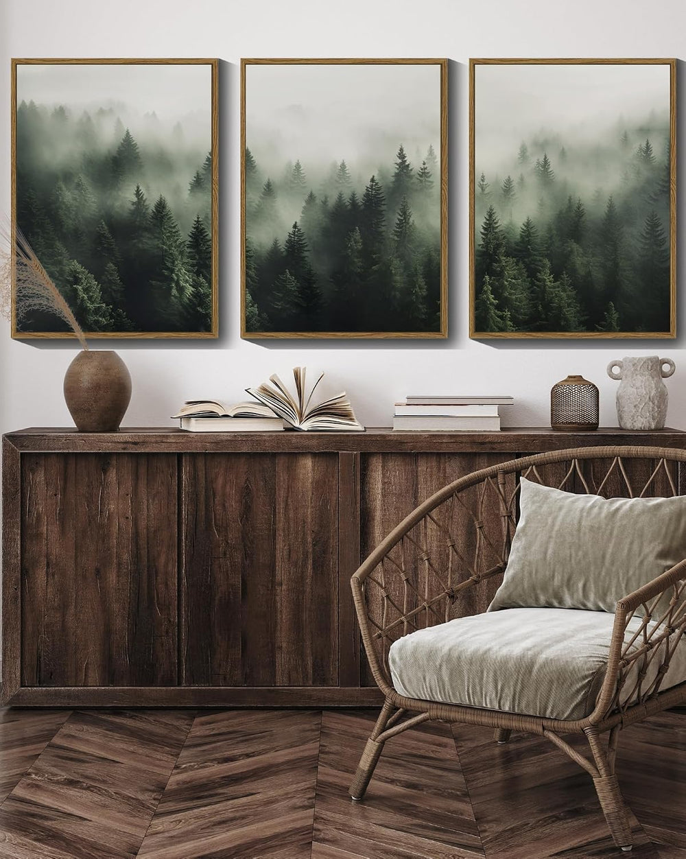 SHENIFY Green Fog Pine Tree Forest Canvas Wall Art 11x14in Framed Modern Artw...