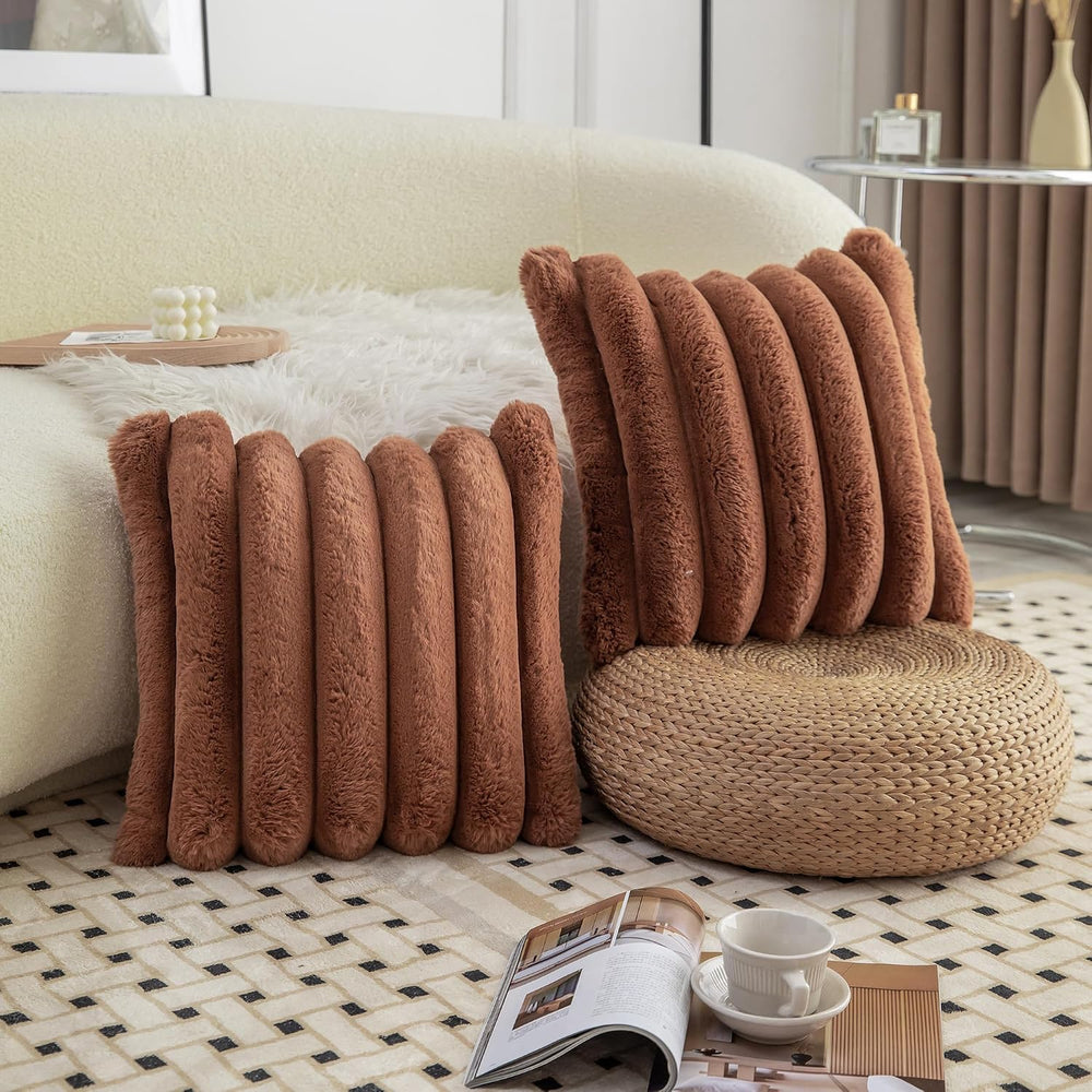 Neelvin Brown Faux Fur Cozy Soft Stripe Decorative Throw Pillow Covers 24x24 ...